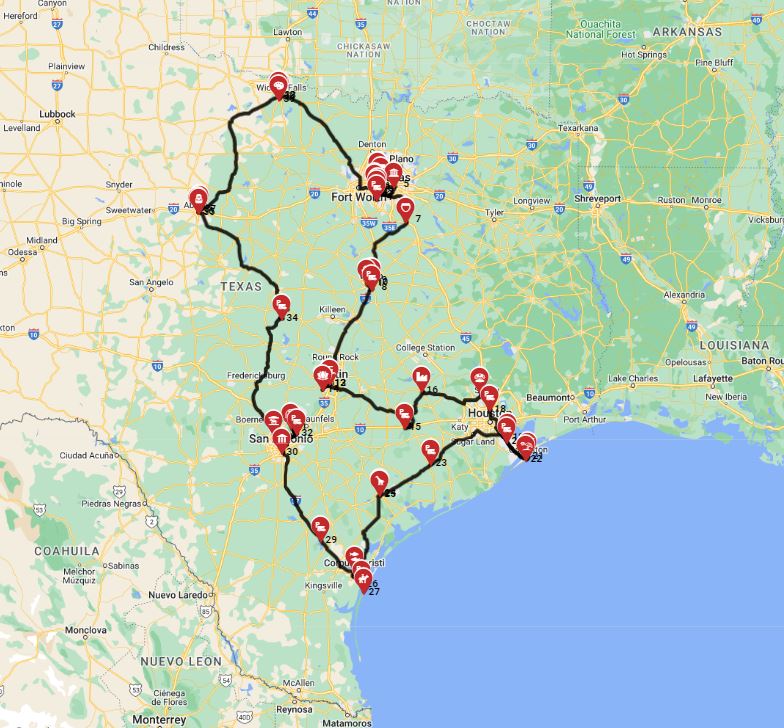RV trip full route  from Dallas to the Gulf of Mexico
